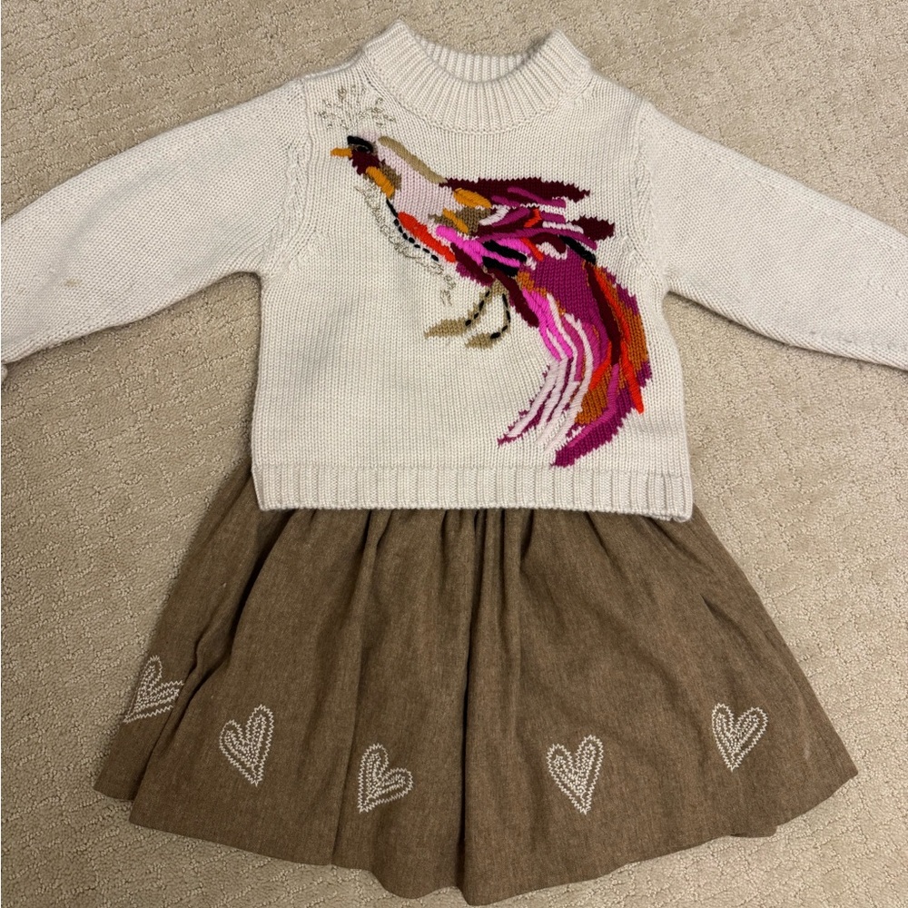 Bonpoint White Sweater with Colorful Phoenix Design with matching skirt in size4